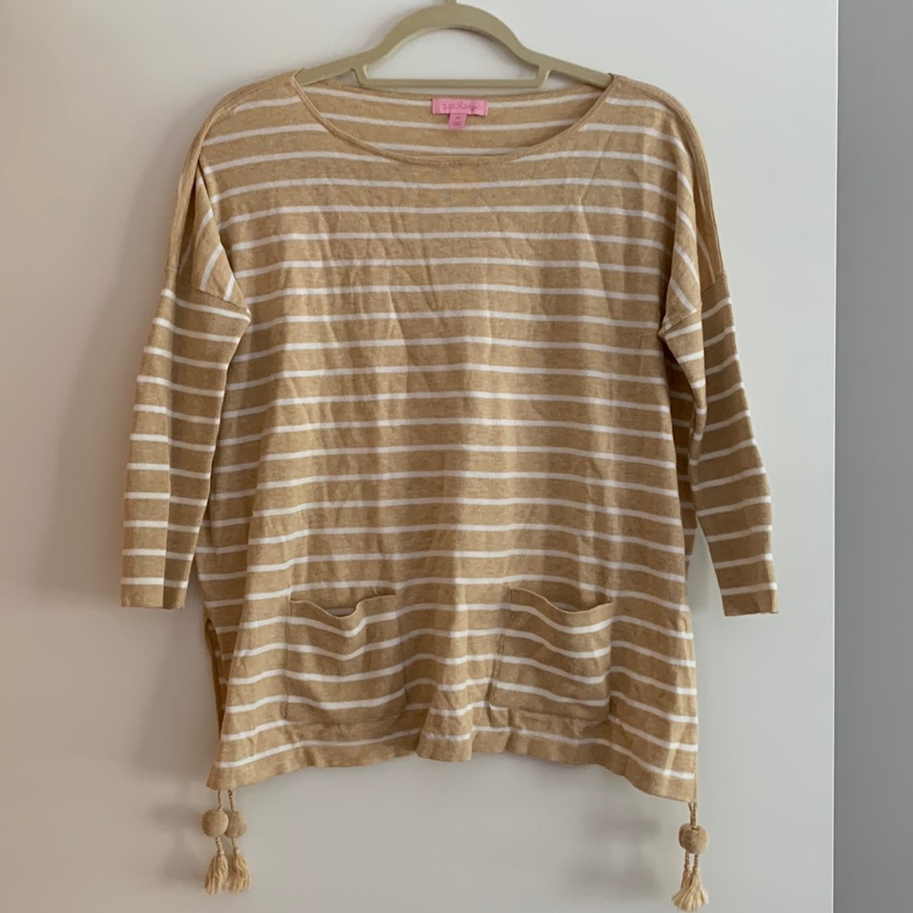 Lilly Pulitzer Stripe Tan and White Elba Sweater Blouse Top Size XS
